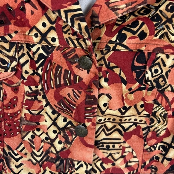 Attitude Artsy Aztec Button Front Embellished Jacket Large Petite Brown Orange - Picture 6 of 12